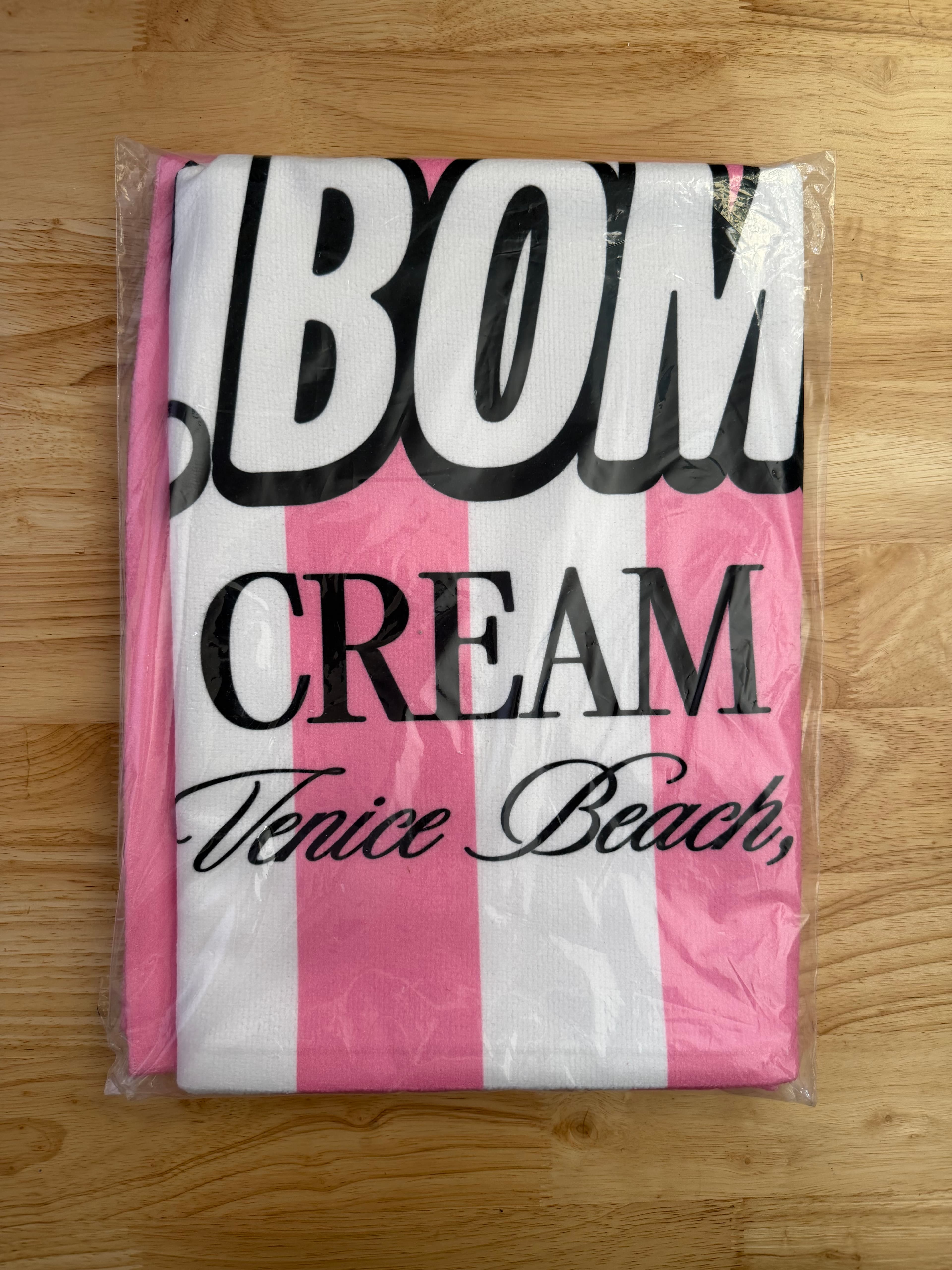 Dr. Bombay Ice Cream Venice Beach, CA Beach Towel, pink and white